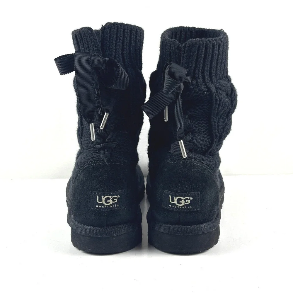 UGG Isla Cable Knit Boots Women 7 Black‎ Ribbon Bow 1008840 Cozy Coquette Bows